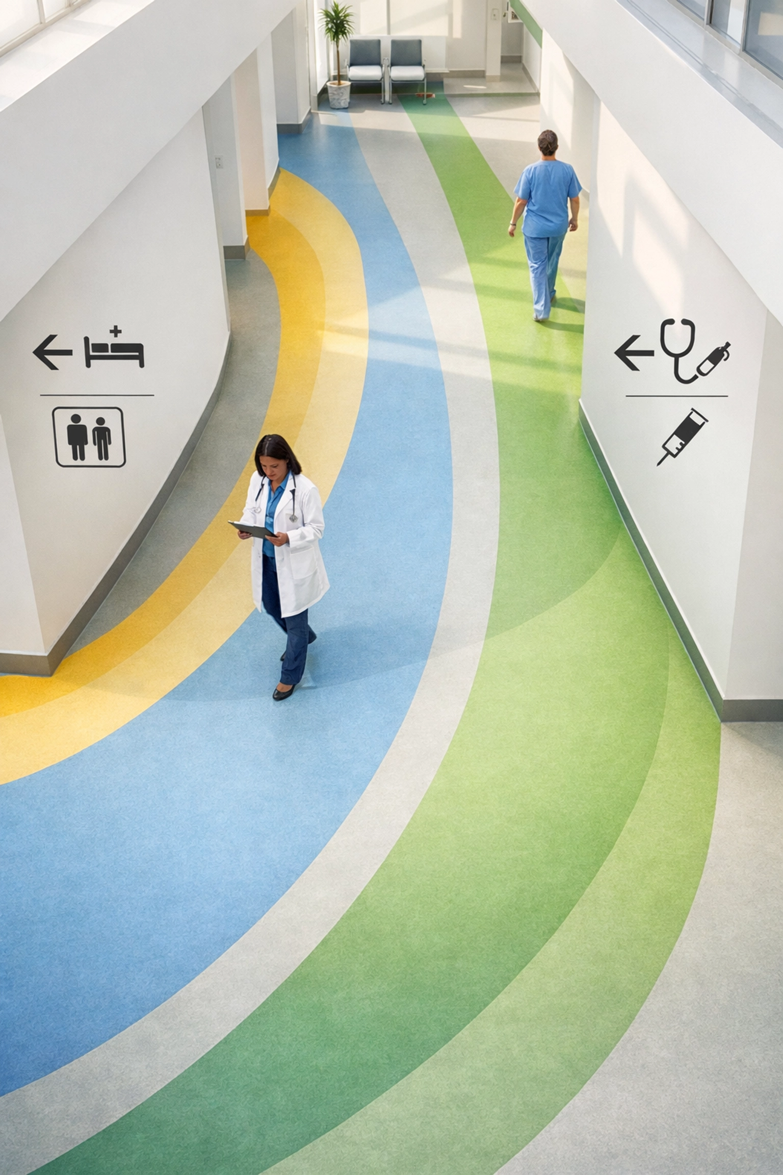 Color-coded floor markings and wayfinding signage in modern treatment center hallway