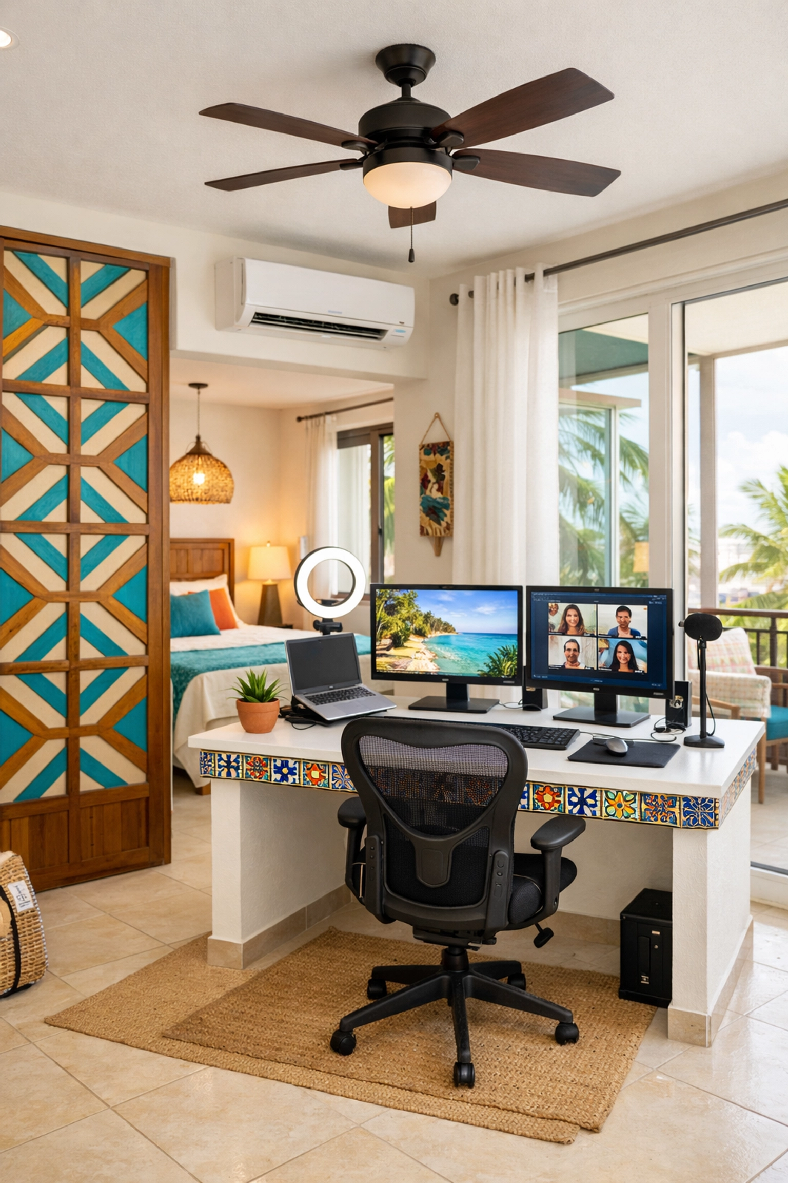 Digital nomad workspace in Puerto Vallarta one-bedroom condo rental with Mexican tile decor