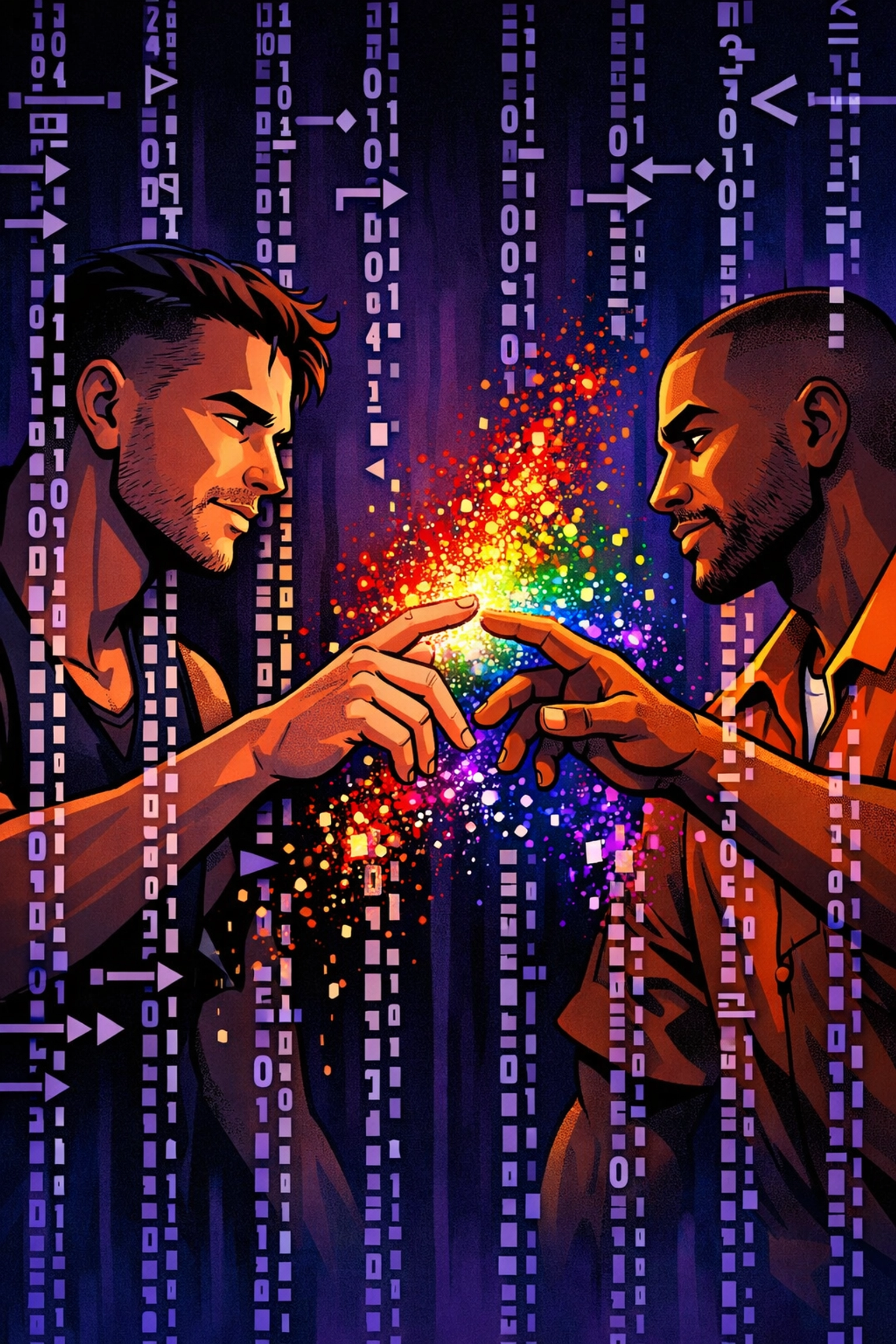 Two men reaching through dissolving algorithmic barriers, representing MM romance breaking free from shadowbans