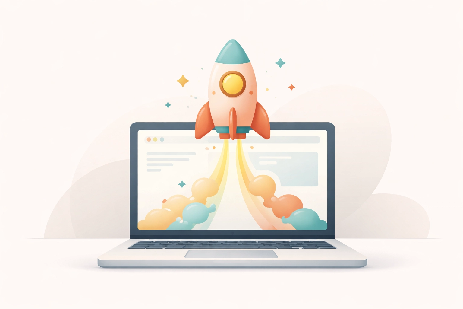 Rocket launching from a laptop, illustrating a simple site growing into a powerful website builder.