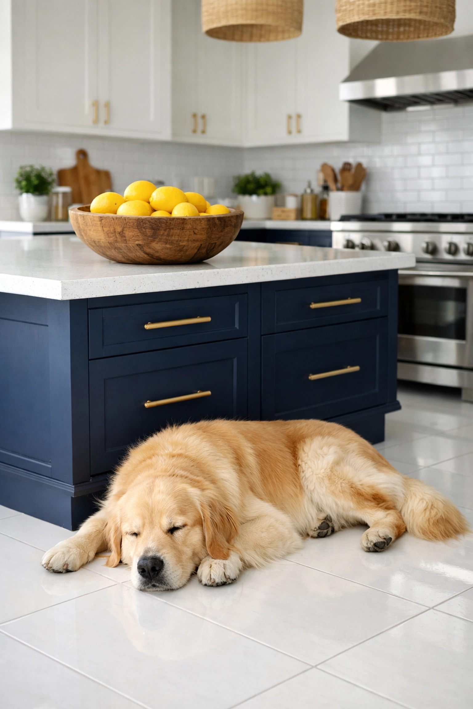 Clean kitchen floor in a pet-friendly home using eco-friendly green cleaning.