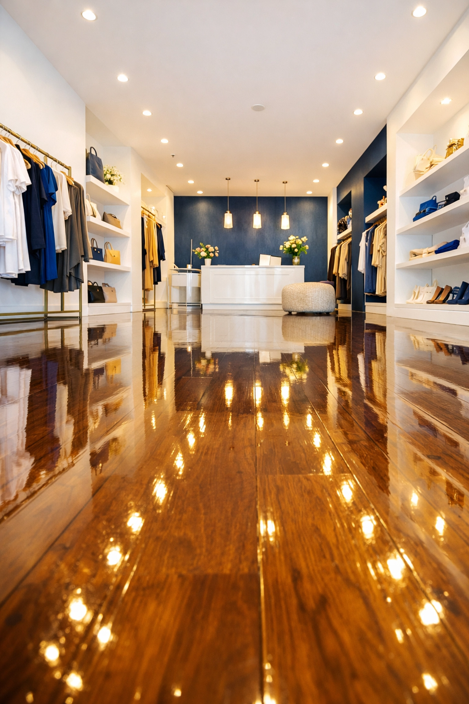 Sparkling polished hardwood floors in a modern boutique reflecting bright retail interiors.