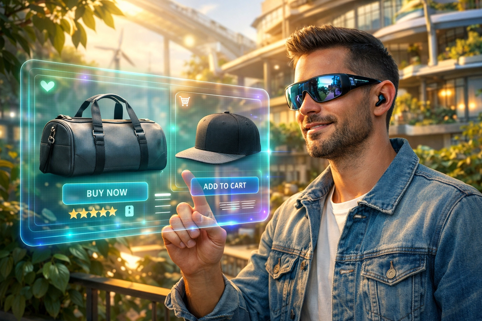 Shopper using an AI holographic interface to buy Larecoin merch and receive NFT receipts.