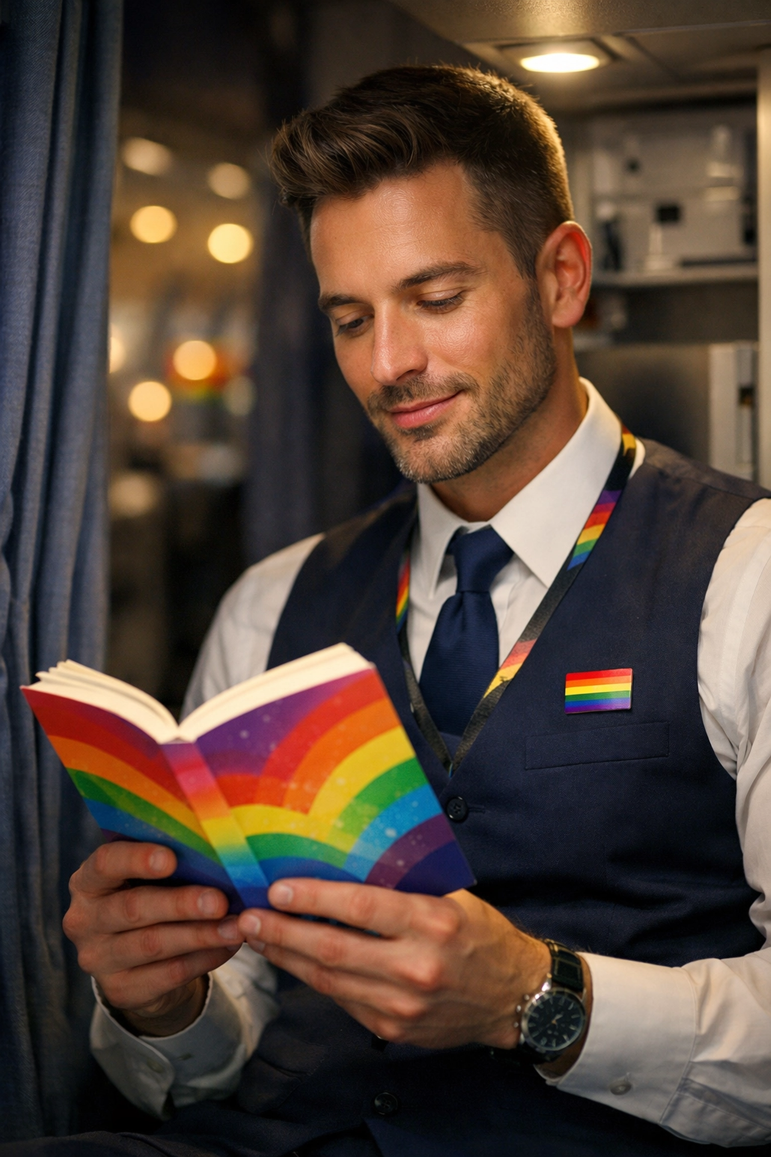 Gay flight attendant reading LGBTQ+ fiction book during break in airplane galley