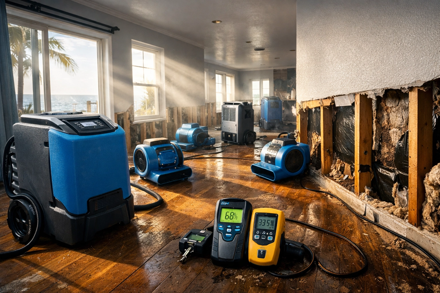 Professional water damage restoration equipment drying room with removed drywall