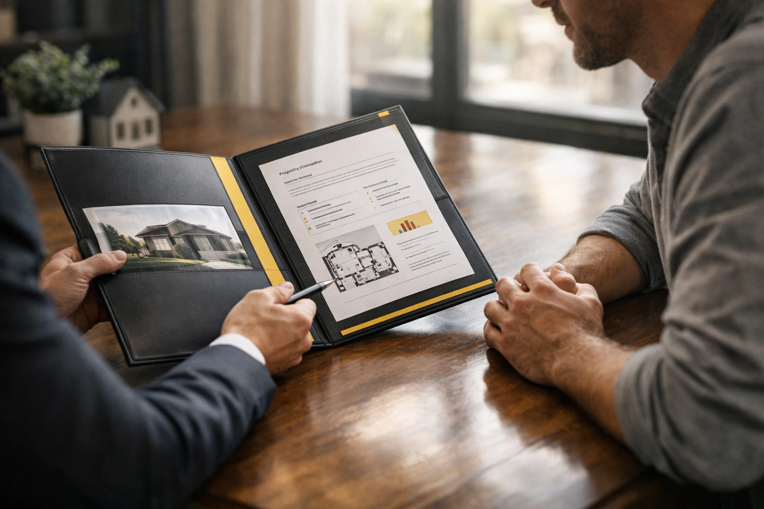 Real estate agent presenting custom folder with property documents to client during listing appointment