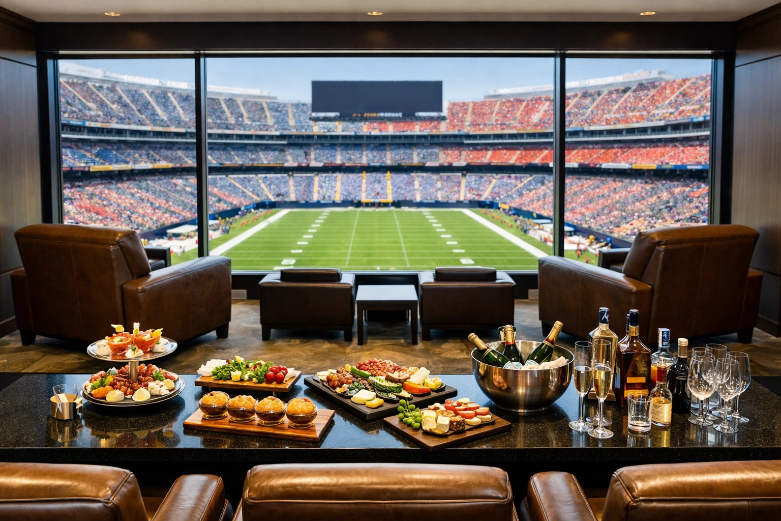 Exclusive VIP hospitality suite interior overlooking a professional football stadium field.