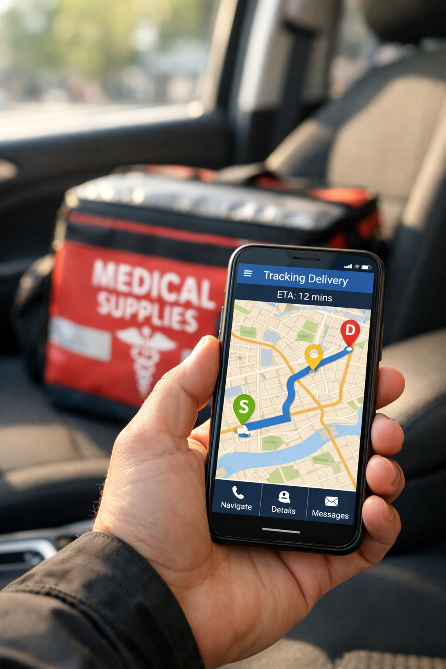 Real-time GPS tracking of medical courier delivery with insulated transport bag