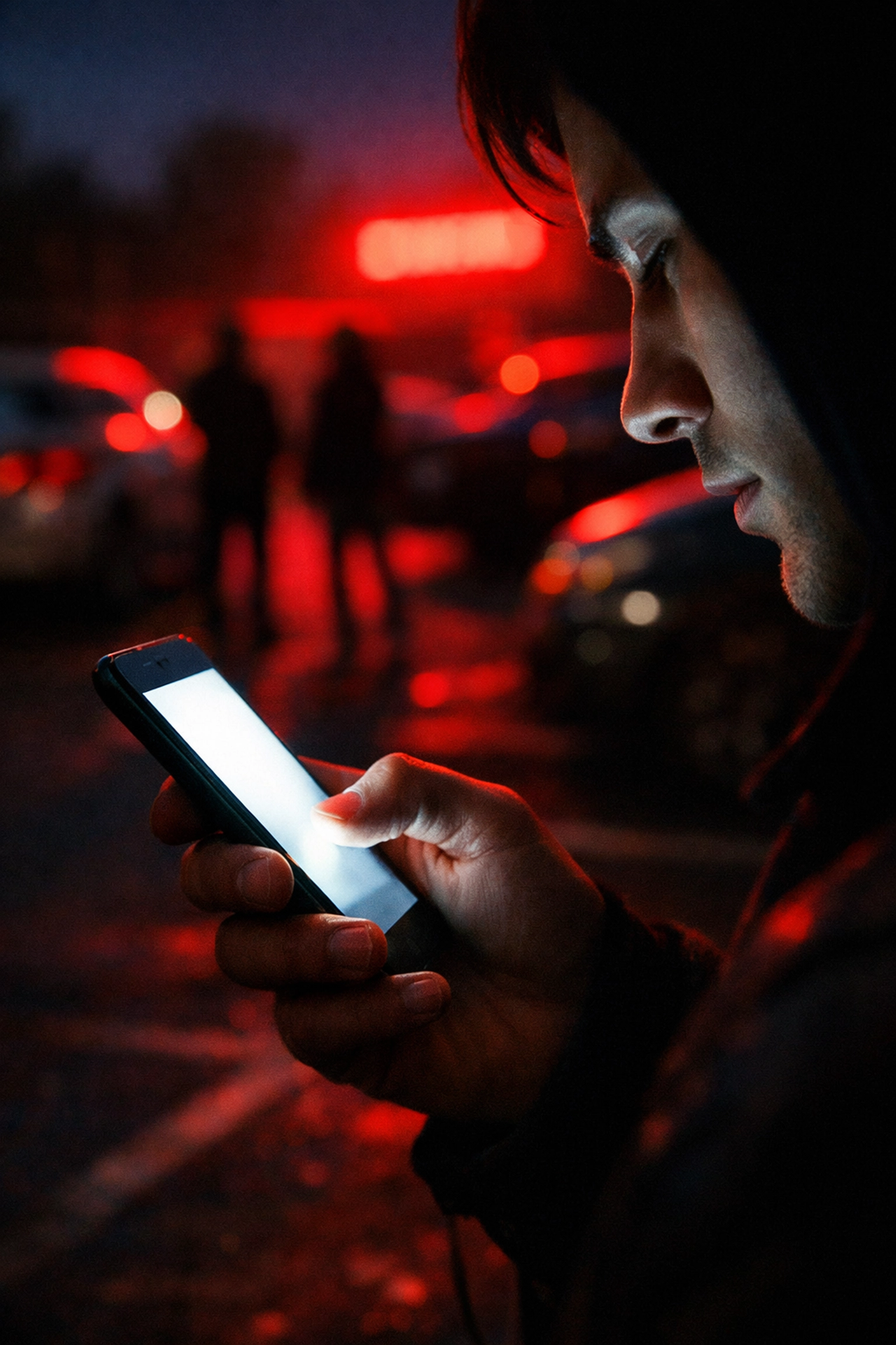 Person distracted by smartphone in dark parking lot demonstrating poor situational awareness