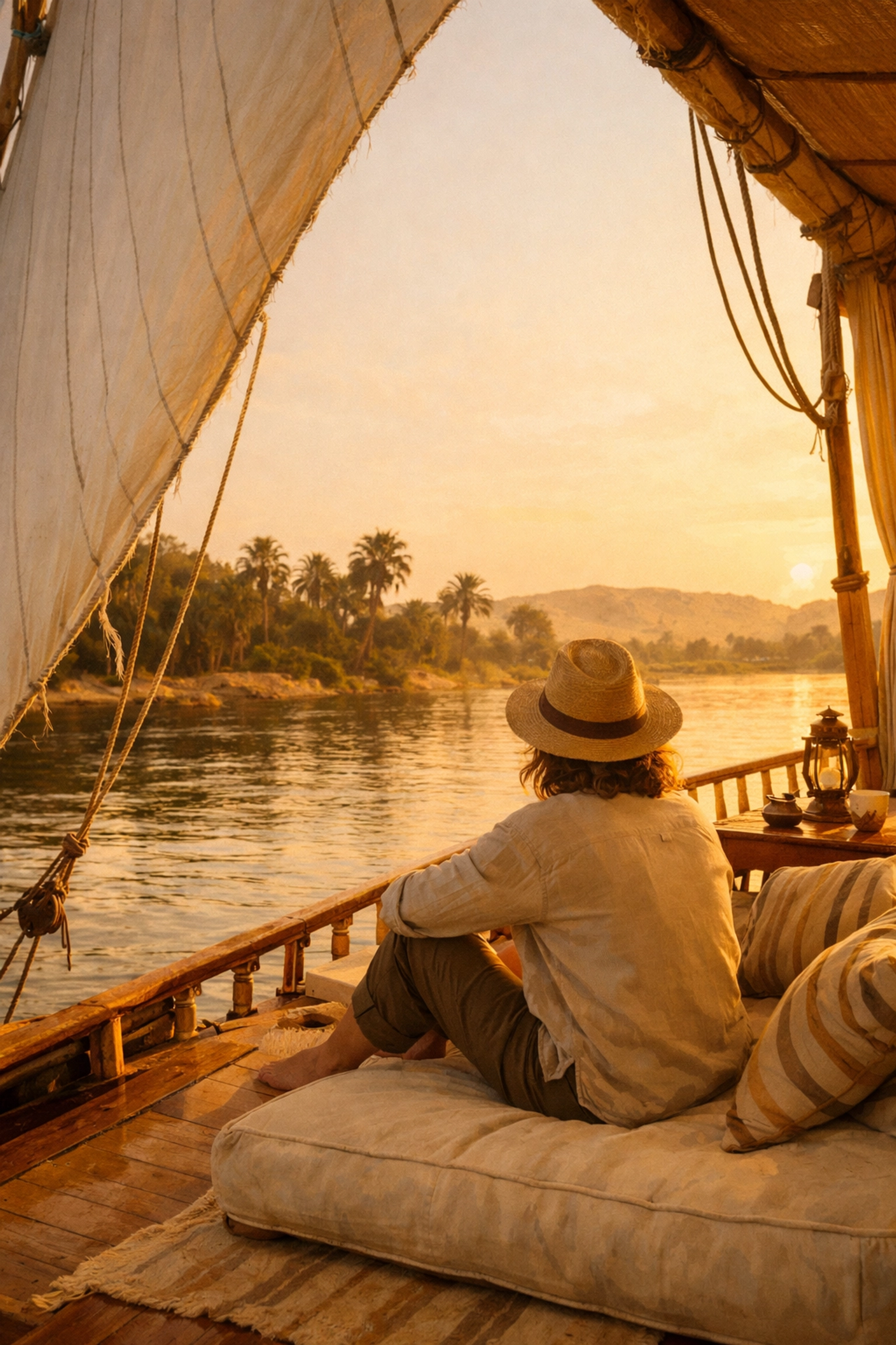 Traveler enjoying a sunset on a traditional Nile boat cruise, part of a luxury Egypt travel experience.