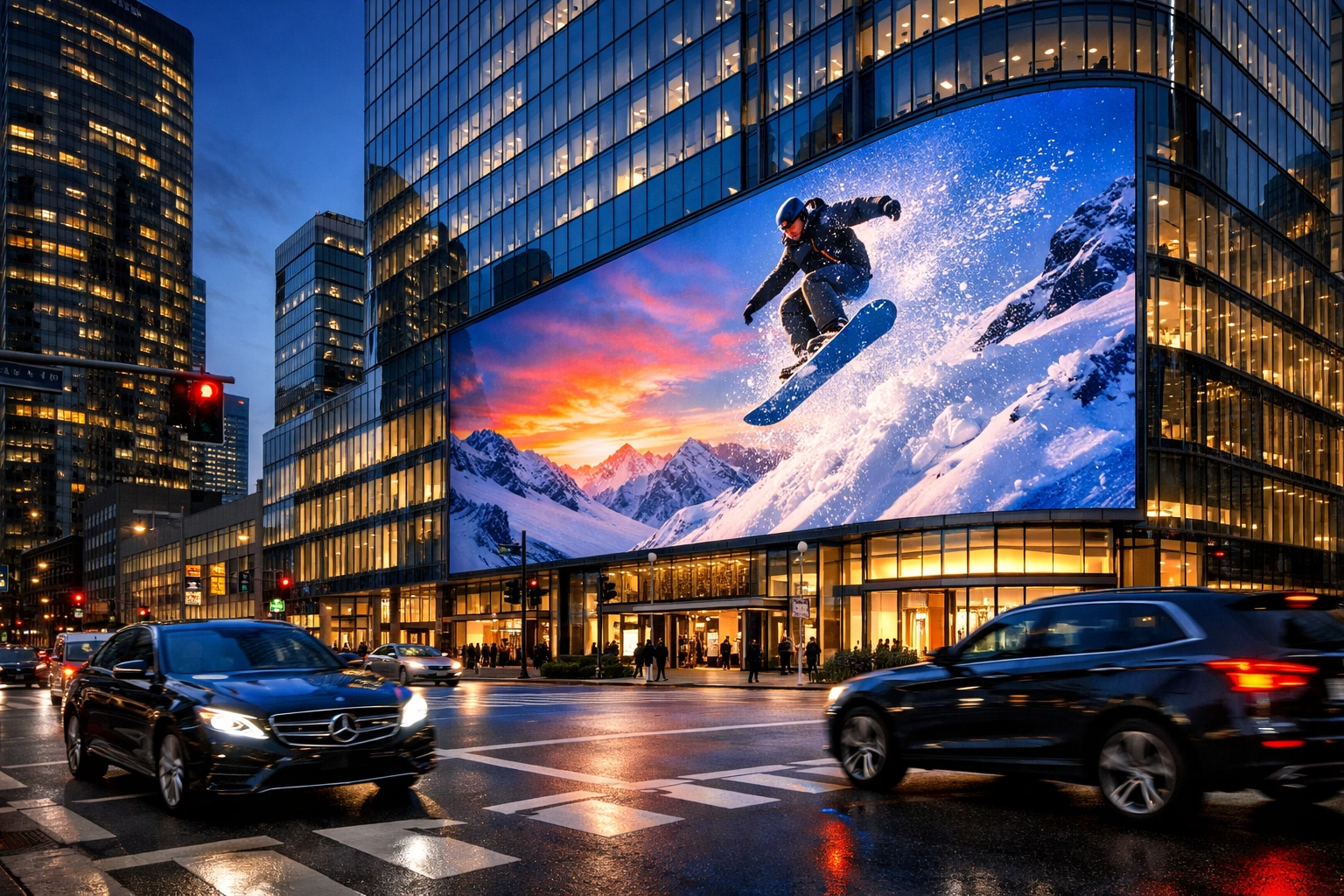 Large digital display on a metropolitan skyscraper showing modern out-of-home advertising at twilight.