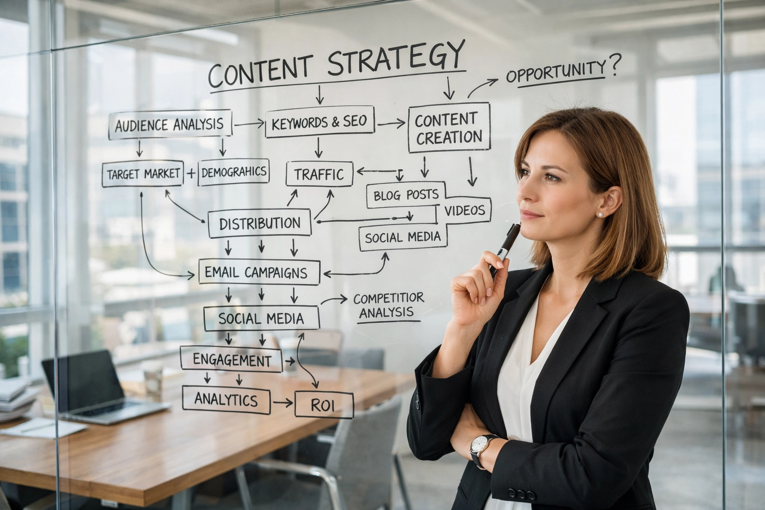 Professional analyzing content strategy flowcharts on a glass whiteboard to identify SEO gaps.