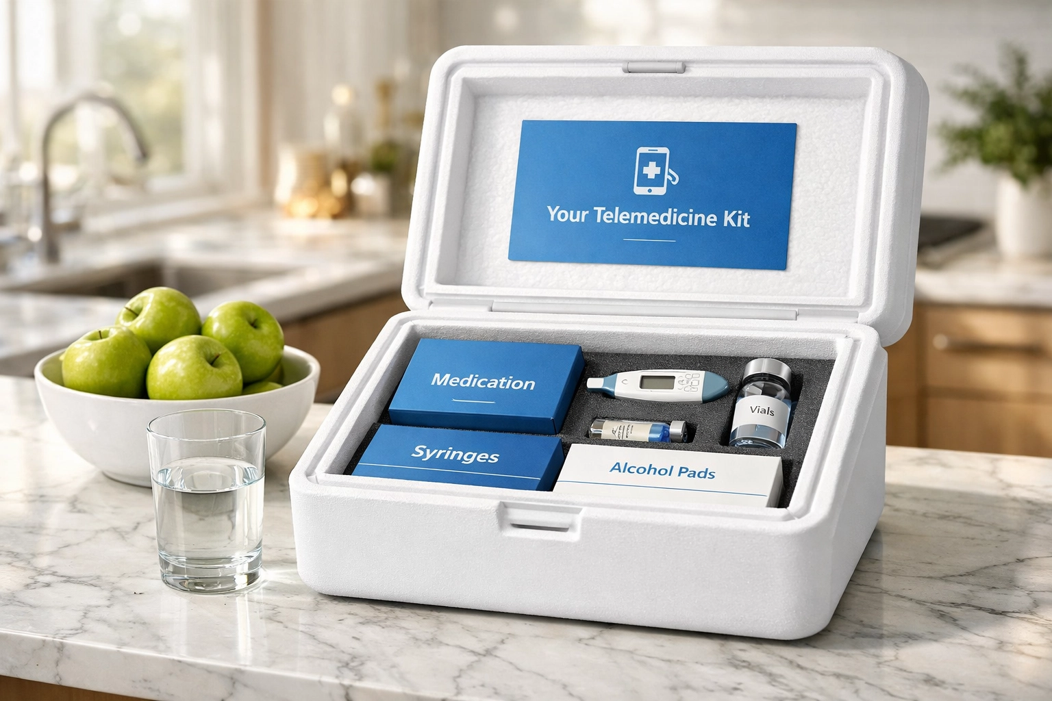 Compounded GLP-1 weight loss medication delivery box on a kitchen counter from a pharmacy