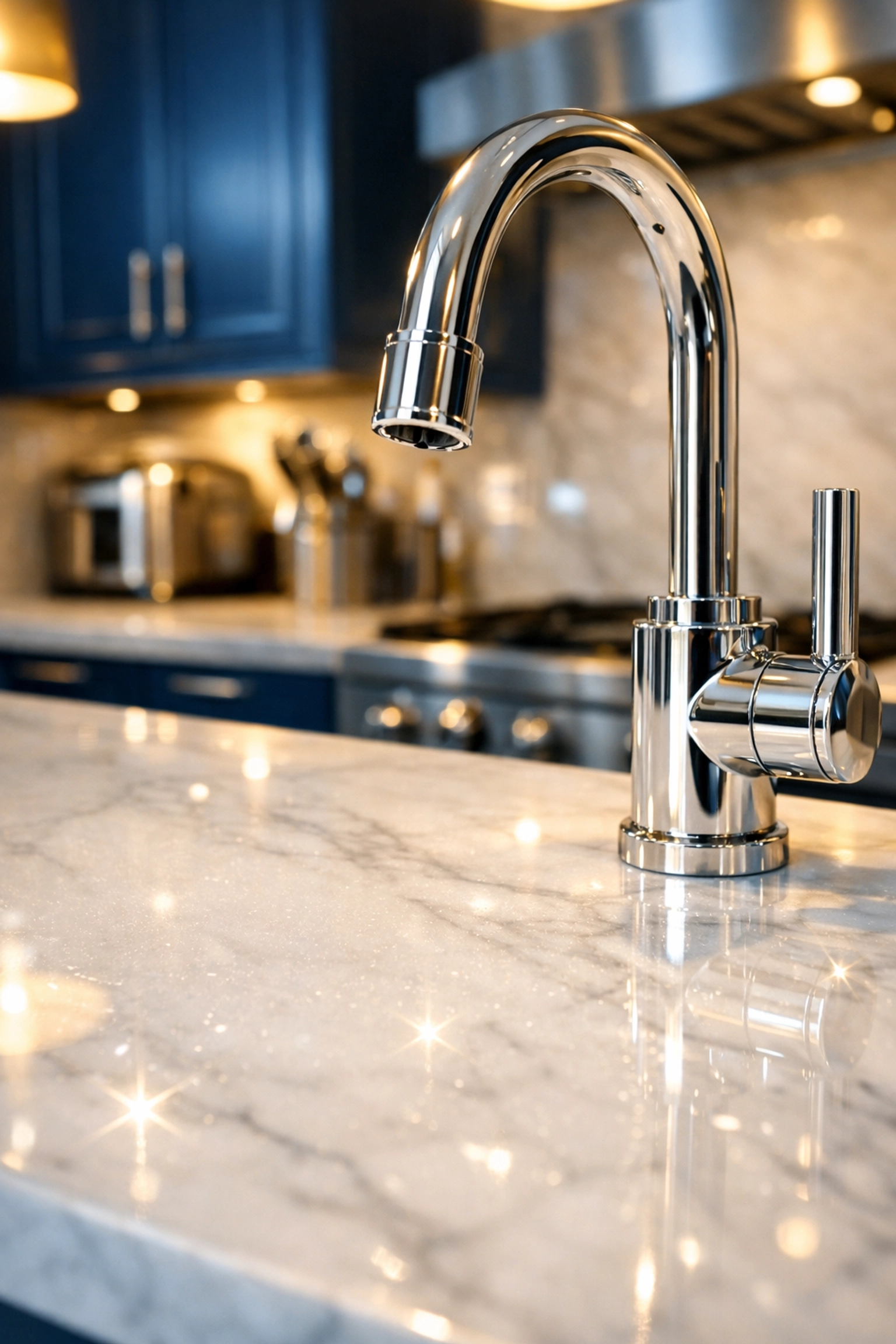 Detailed home cleaning in Somerville kitchen featuring a sparkling marble countertop and chrome faucet.
