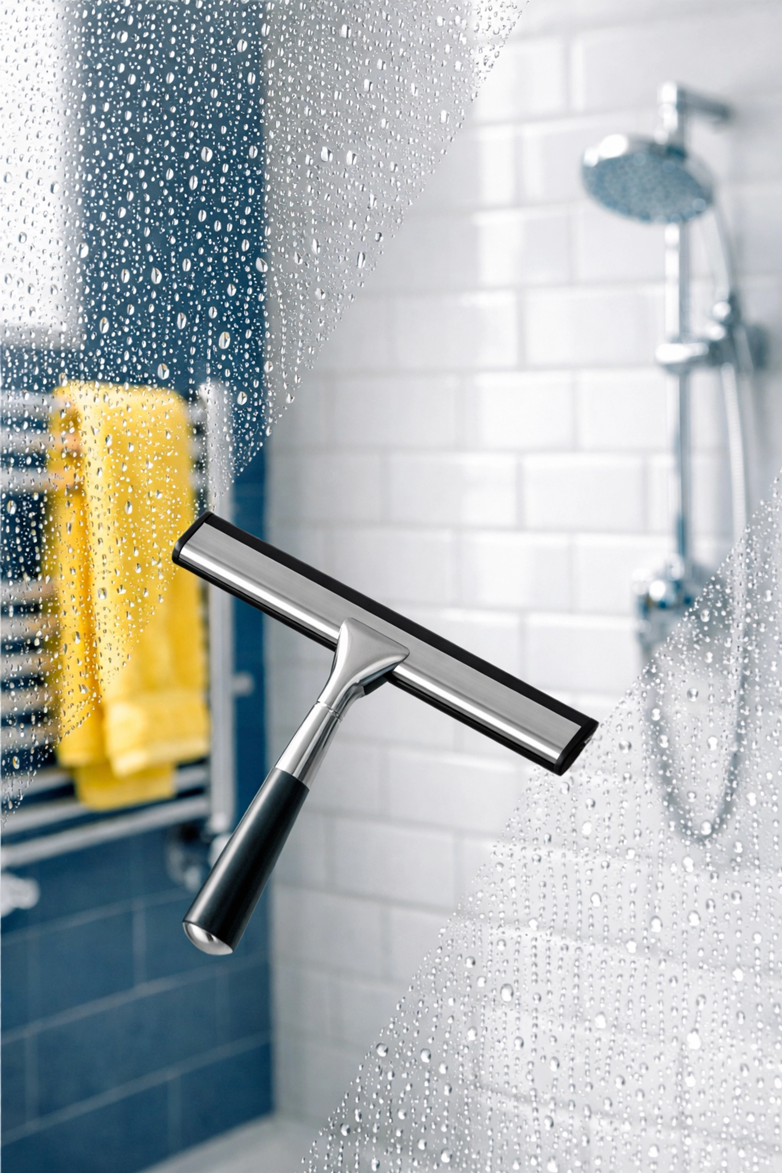Squeegee cleaning a glass shower door in a bright Leominster MA apartment bathroom.