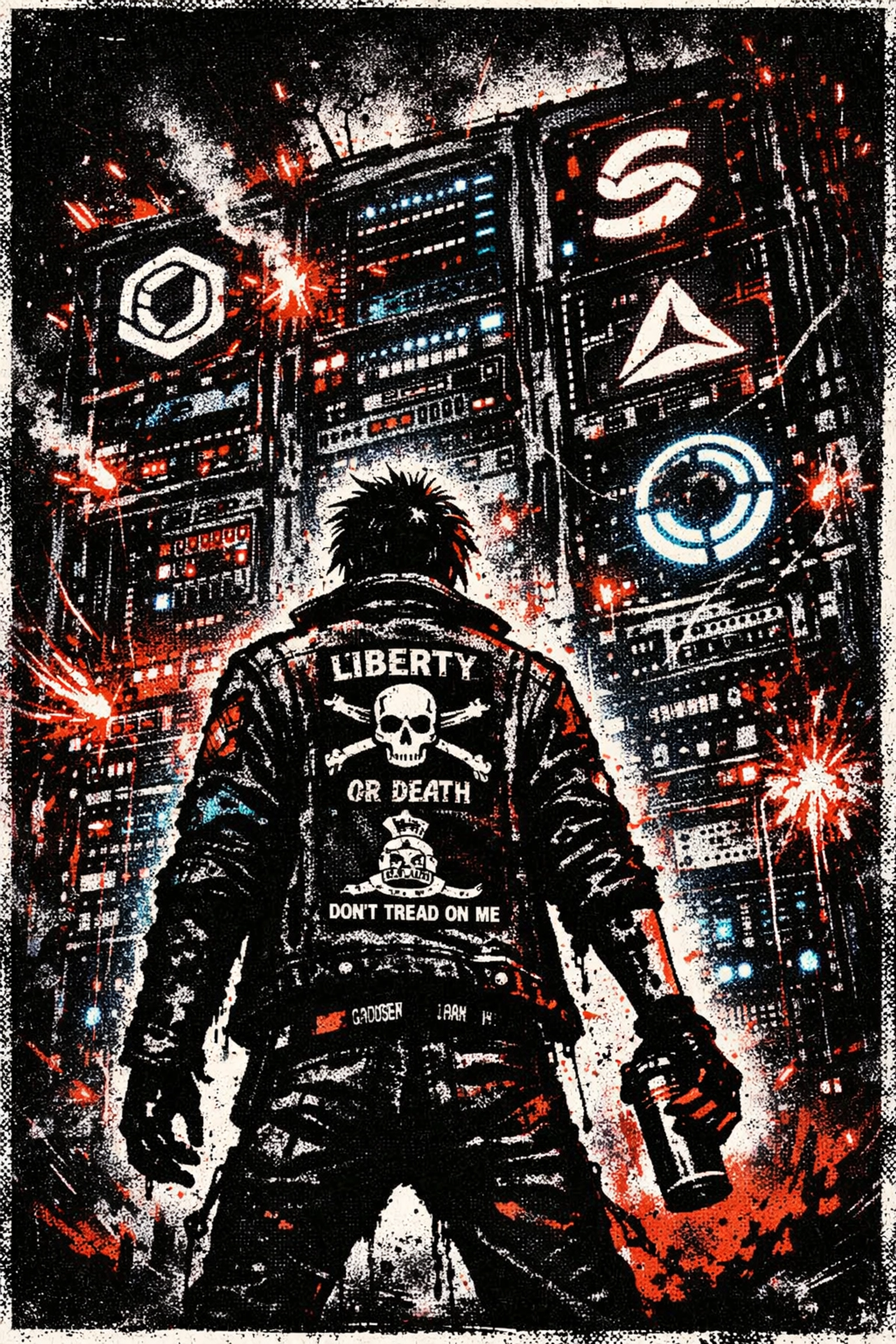 Person standing defiantly against crumbling Big Tech servers after digital deplatforming and censorship