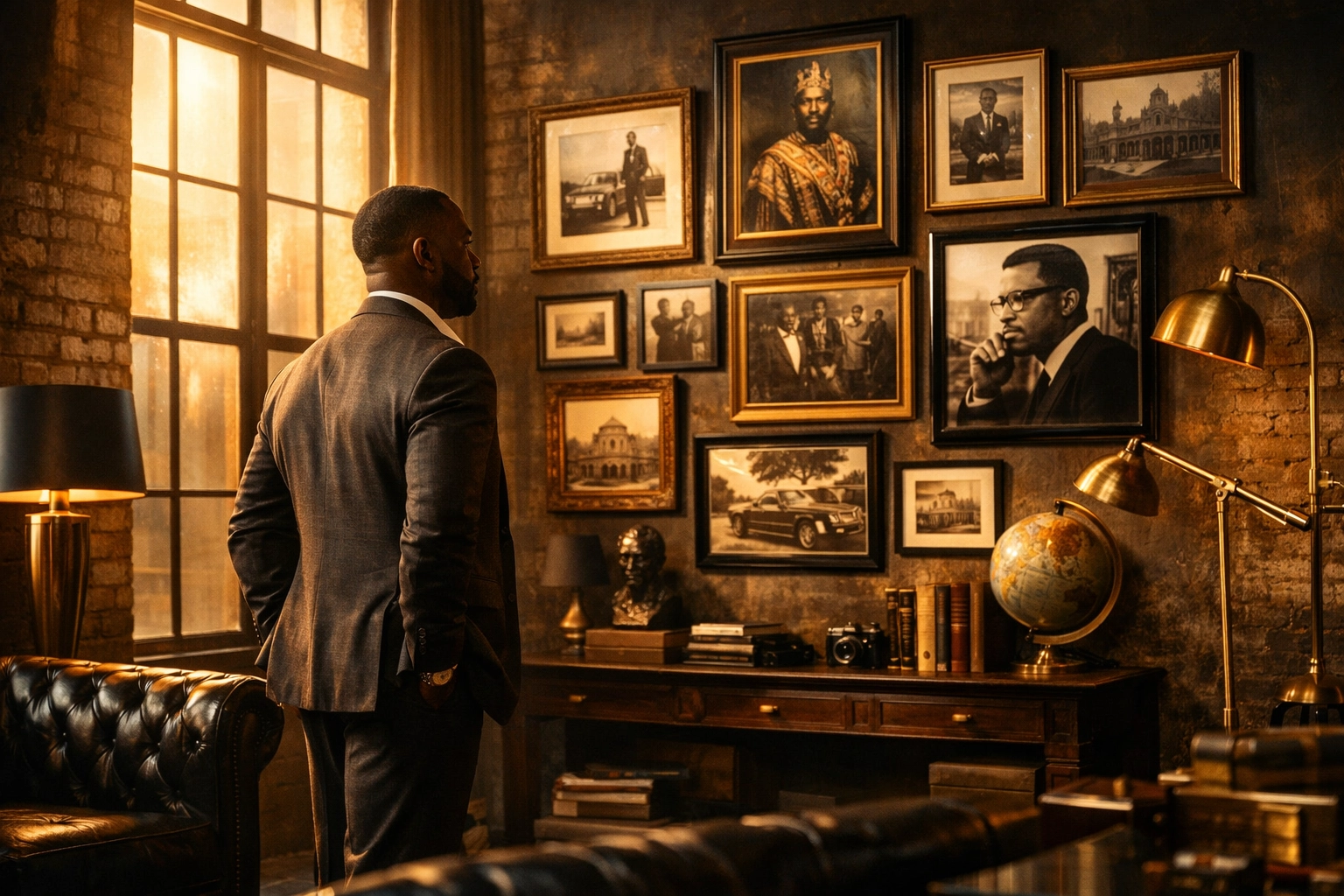 Successful Black entrepreneur in a high-end loft reflecting on a legacy of Black excellence.