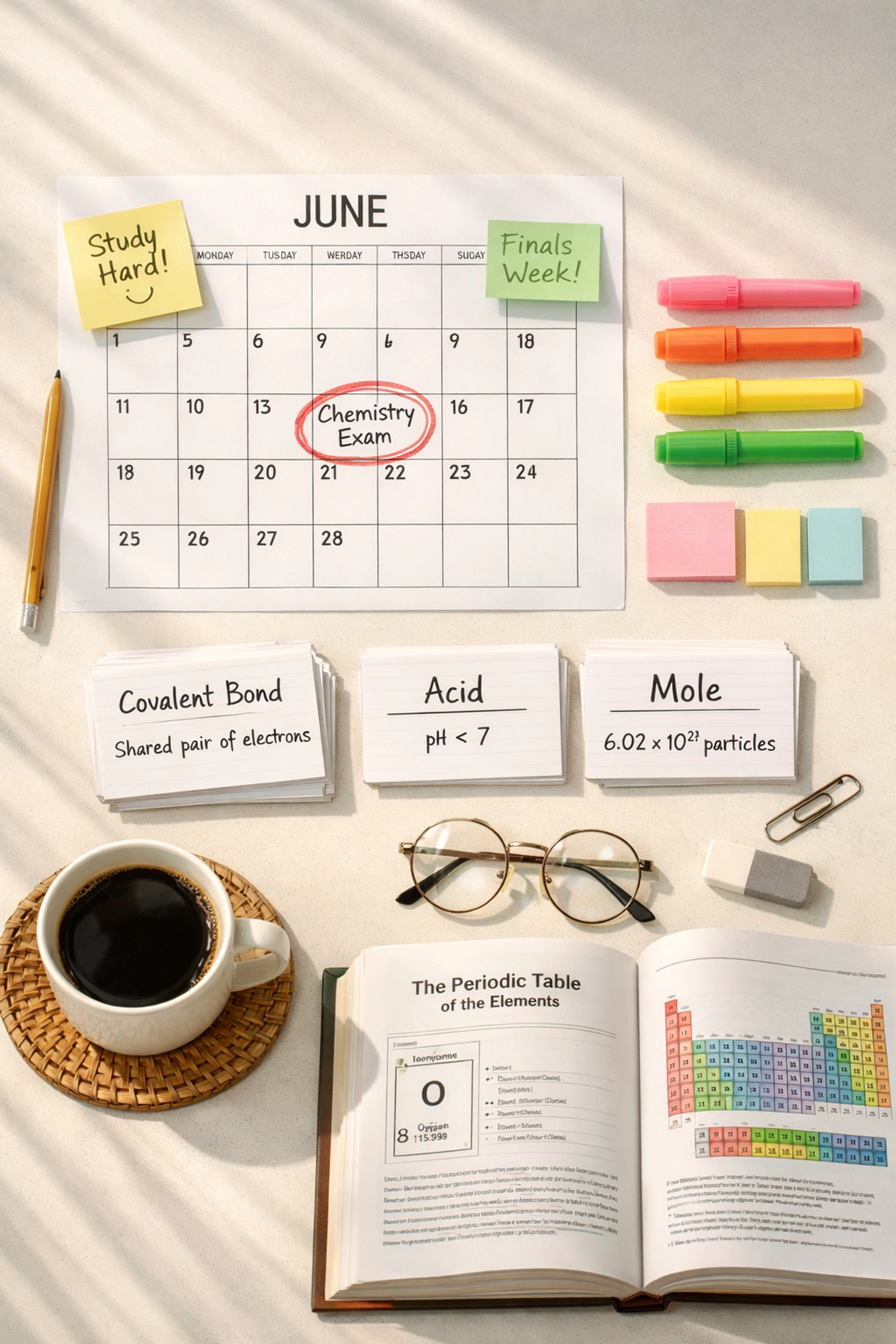 Organized A Level Chemistry revision desk with calendar, flashcards, and textbook for June 2026 exam planning