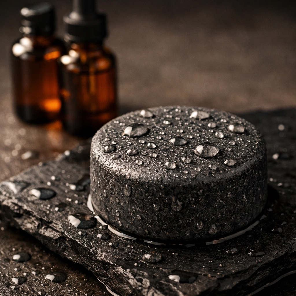 Concentrated solid beard wash bar on dark slate representing high-potency facial hair care.