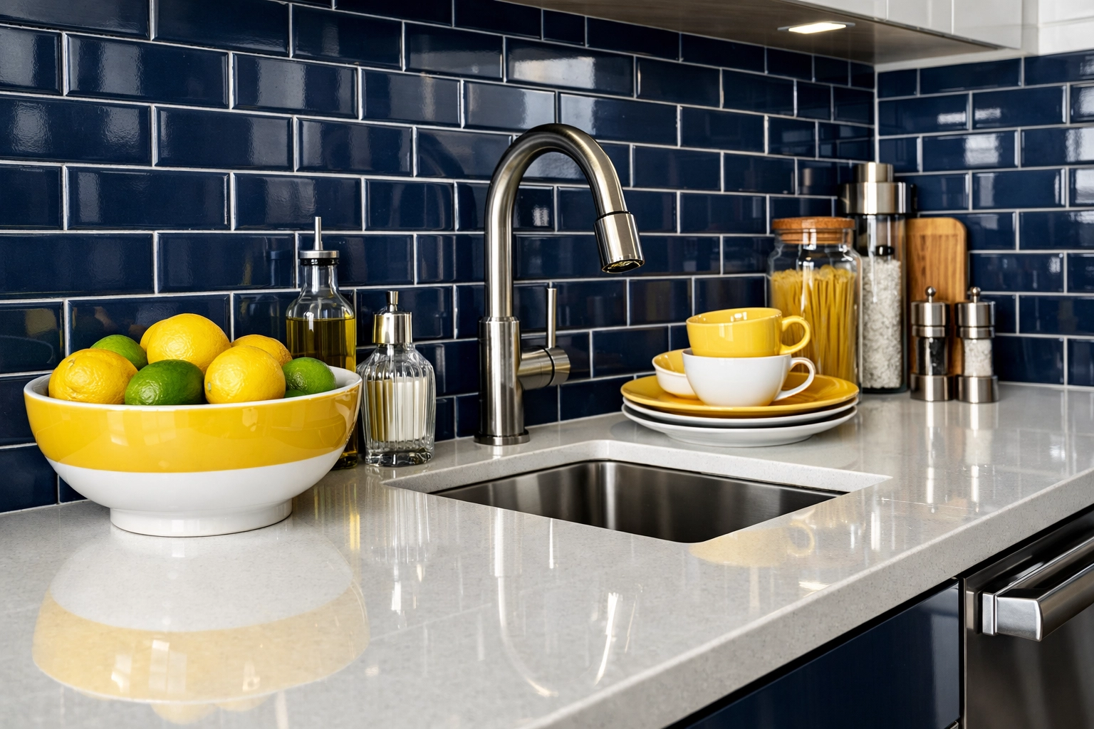 Spotless kitchen with white quartz countertops and blue tile from residential cleaning in Leominster MA.