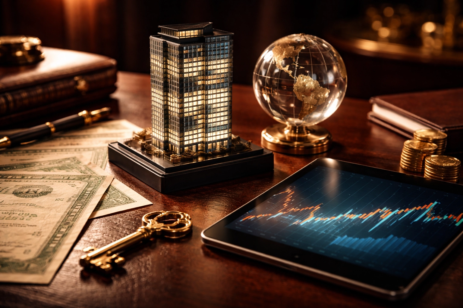 Luxurious investment objects on a desk representing wealth diversification across private equity, real estate, and financial assets.