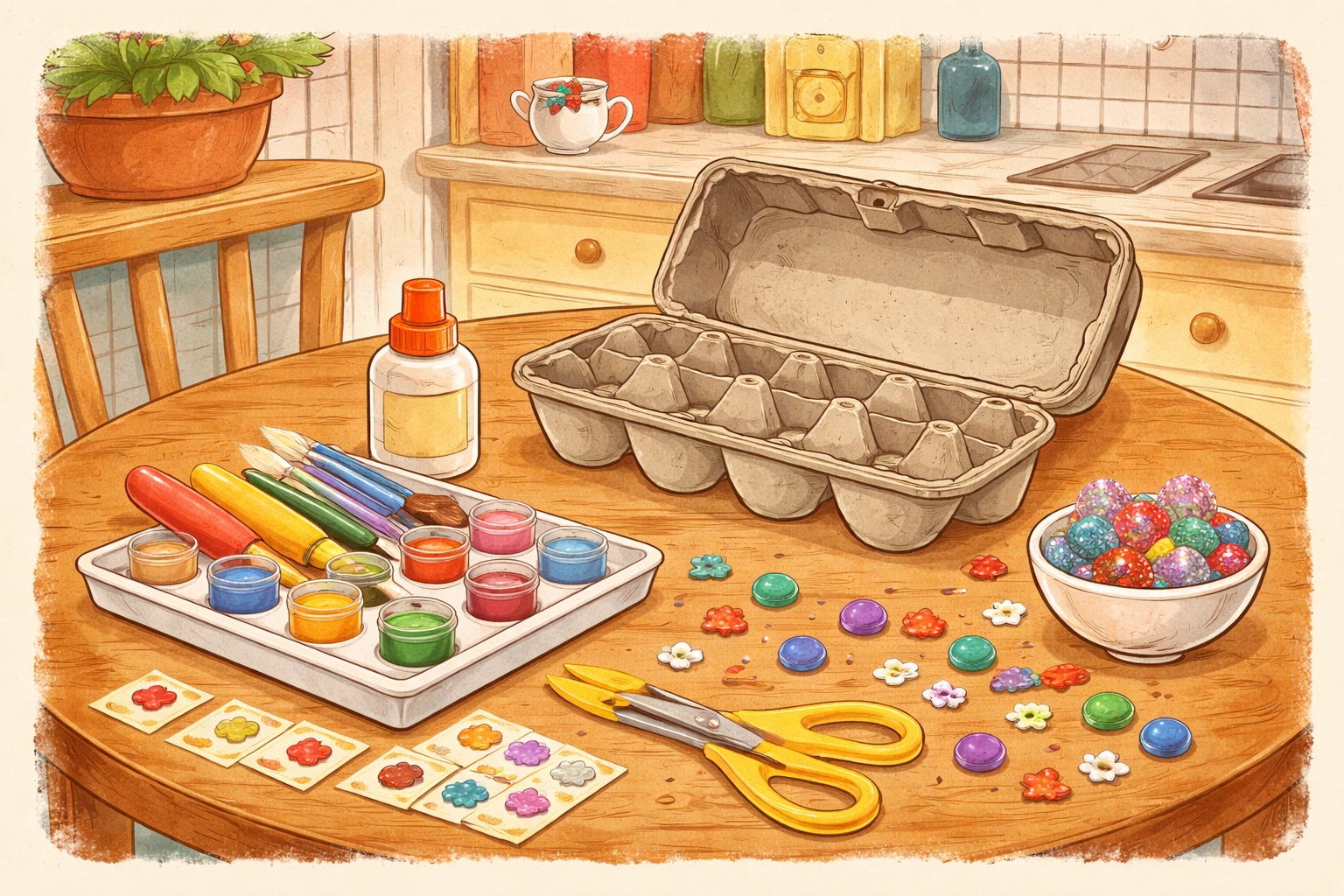 Egg carton treasure box craft supplies on a kitchen table, including paint, brushes, and gems, ready for a kids DIY project