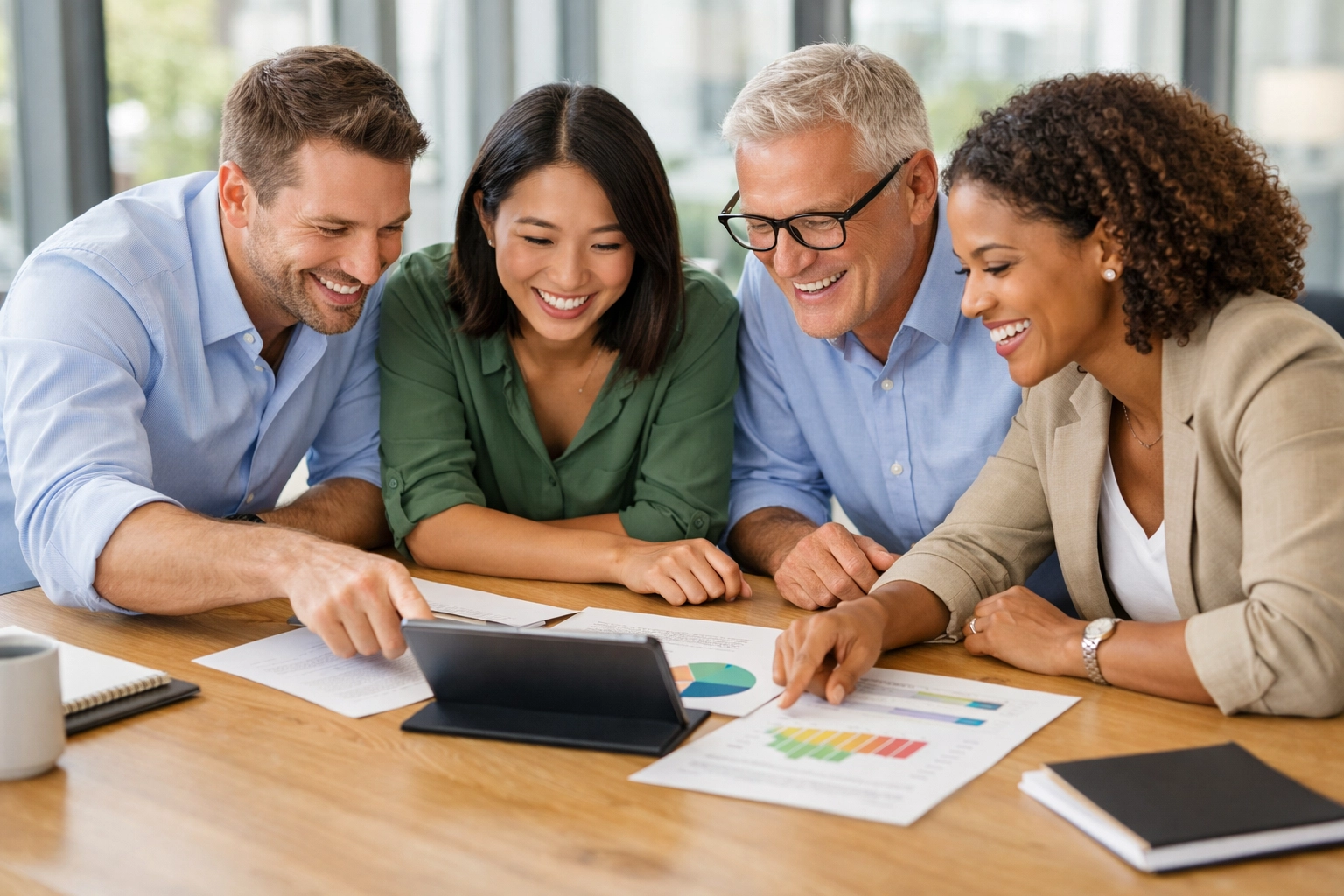 Collaborative team session showing employee engagement as colleagues huddle around a table to solve problems.