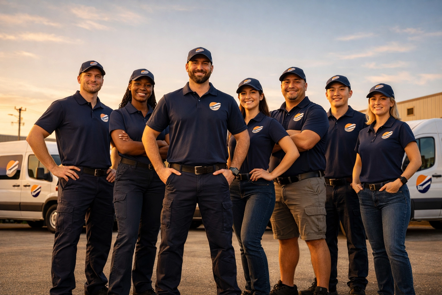 Professional RCS Delivery courier team standing with a fleet of vans for reliable same day delivery service.