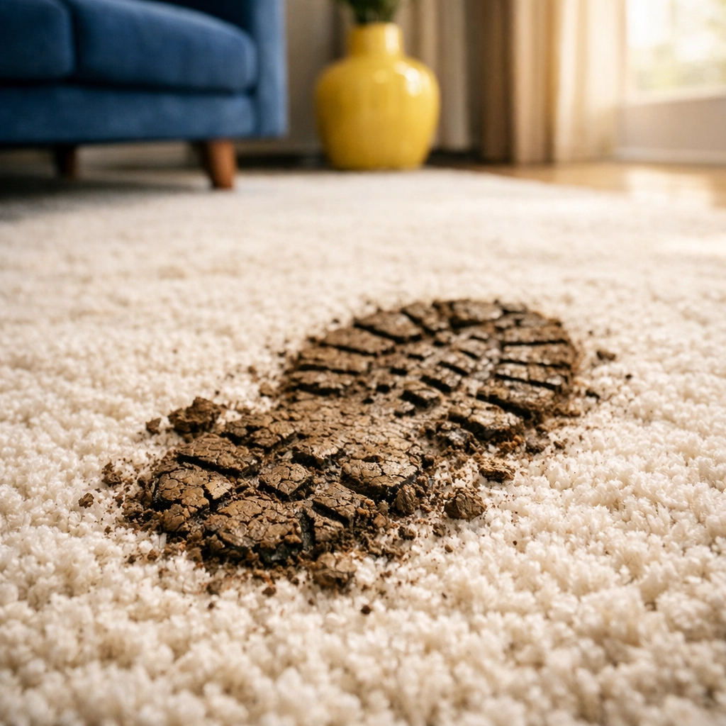 A single dried mud boot print on a plush cream carpet, showing the 'wait until dry' cleaning tip.