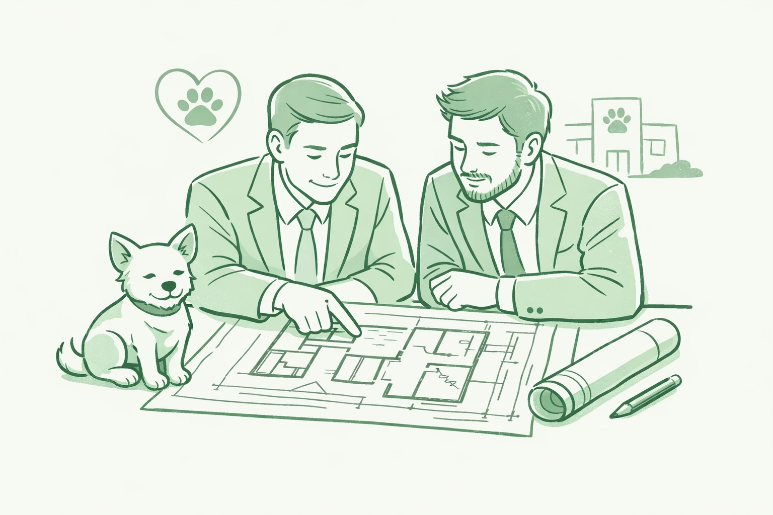 Gay entrepreneurs planning veterinary clinic with blueprints and dog