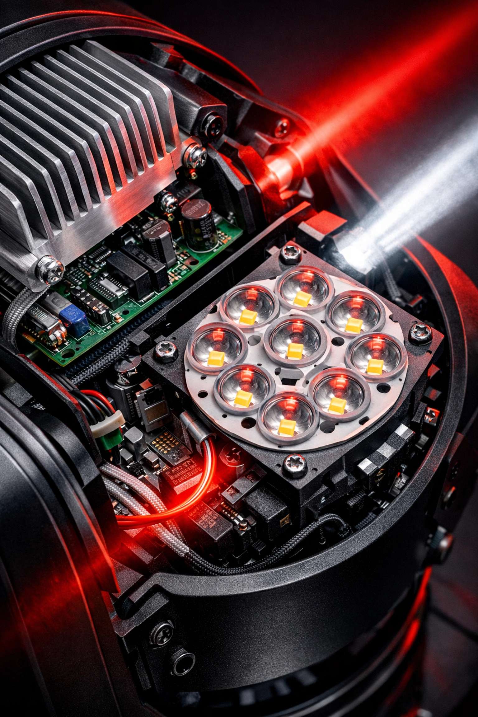 LED stage light internal components showing aluminum heat sinks and circuit boards for durability