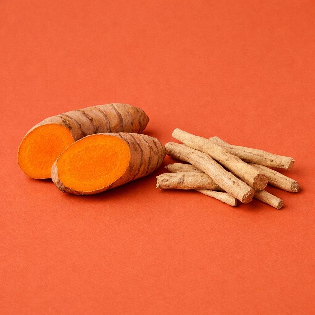 Fresh sliced turmeric and ashwagandha roots for managing inflammation and chronic stress levels.