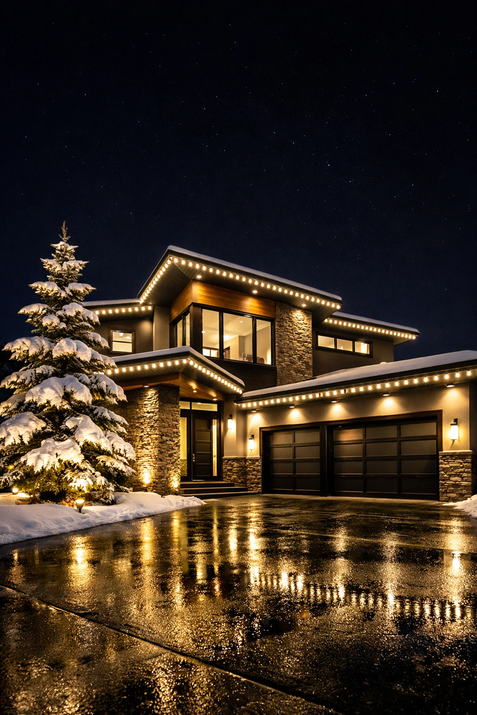 Contemporary Edmonton home with permanent exterior LED holiday lighting and landscape spotlights.