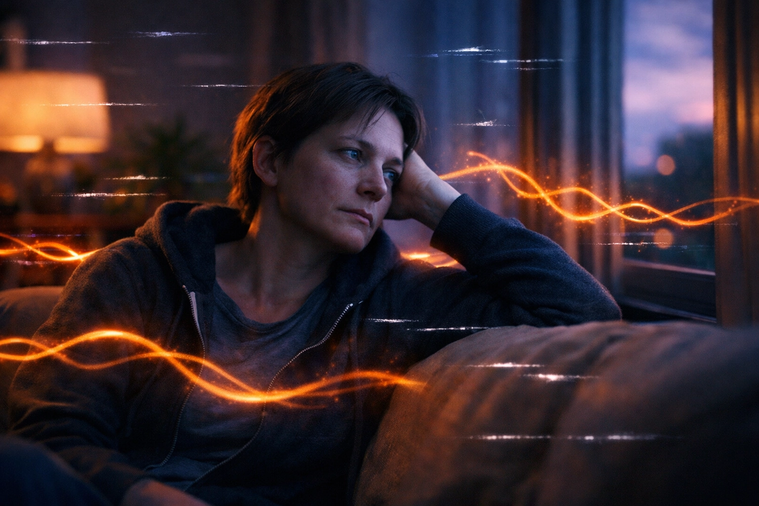 A weary person on a sofa experiencing hyper-vigilance and political stress from the constant news cycle.