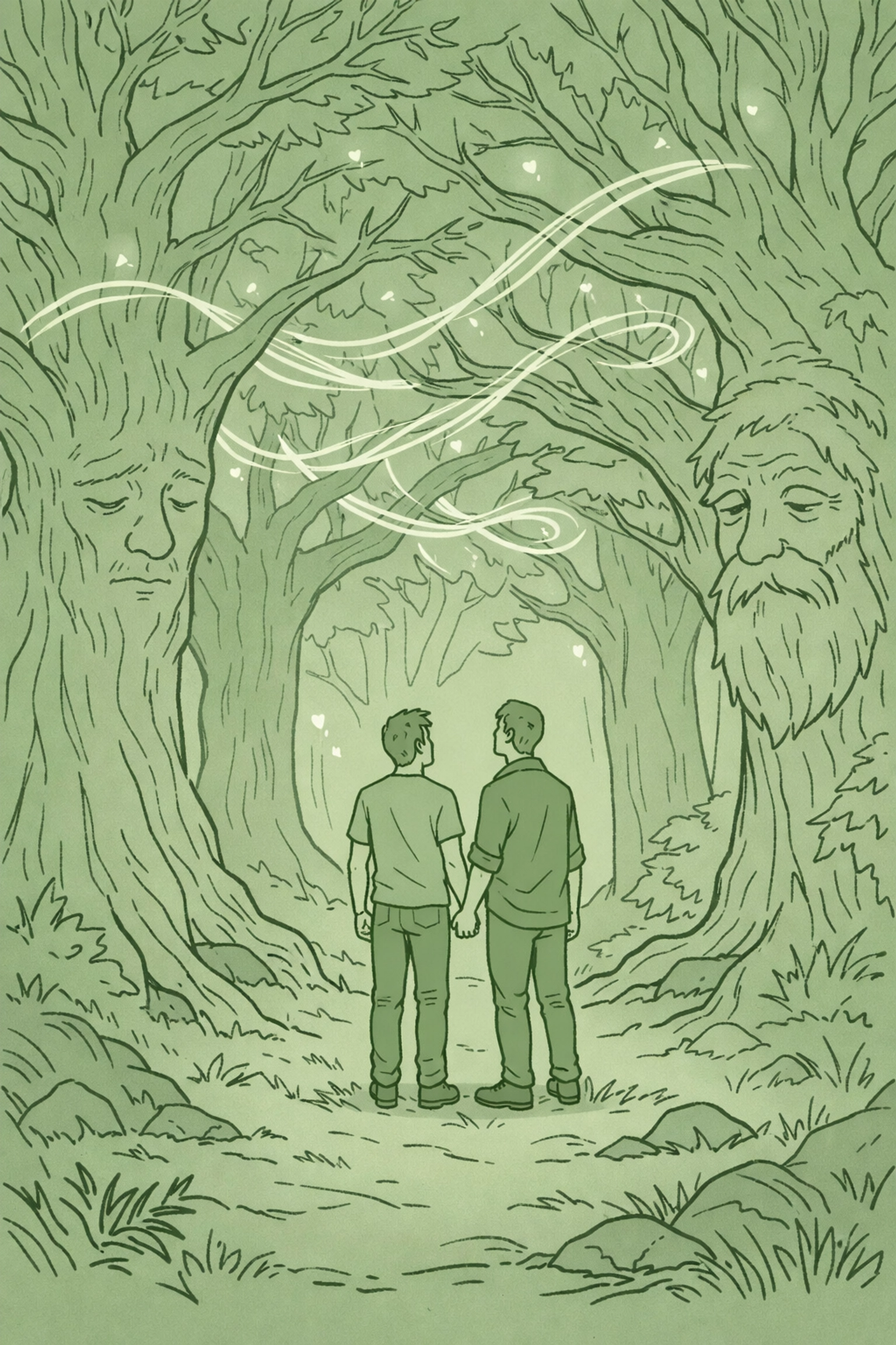 Gay couple in magical living forest - LGBTQ+ fantasy romance with ancient trees