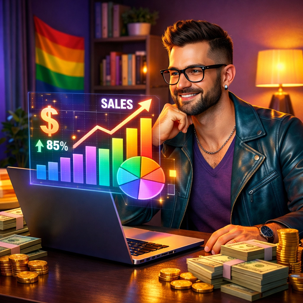 LGBTQ+ author reviewing sales analytics and royalty earnings at desk