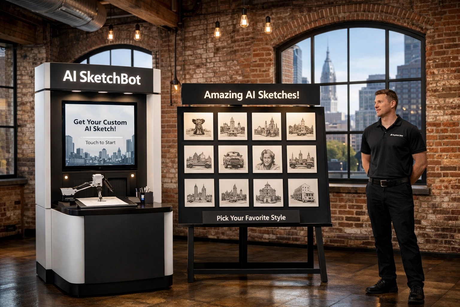 Professional AI SketchBot station setup in a modern industrial Philadelphia event venue.
