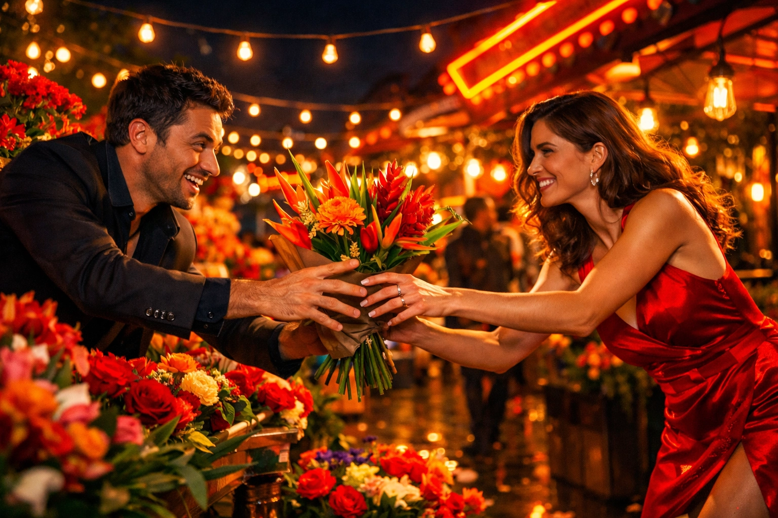 A spontaneous romantic encounter at a night market, illustrating how to meet people in person.