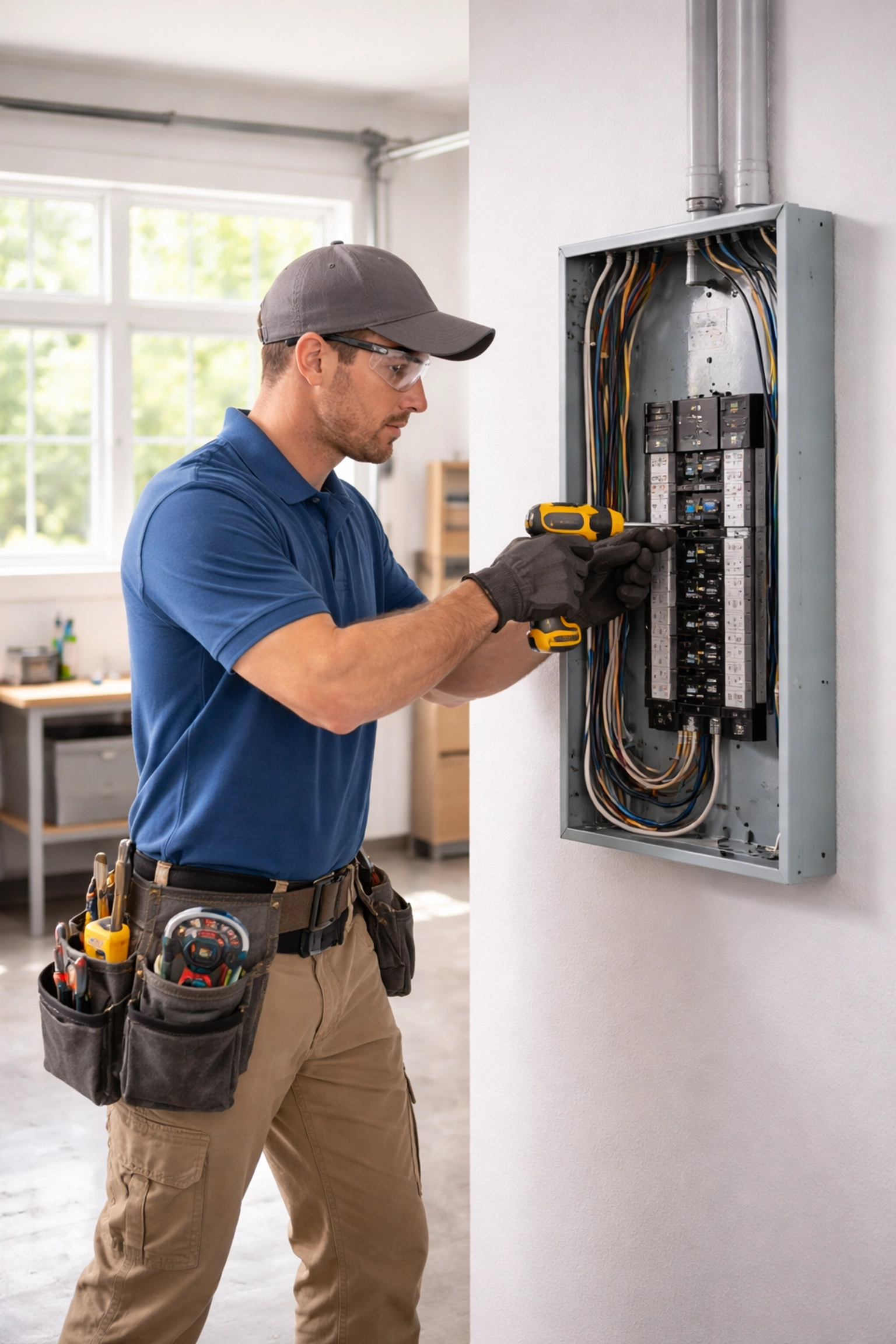 Licensed Maine electrician installing a new 200-amp panel in a bright, organized garage setting