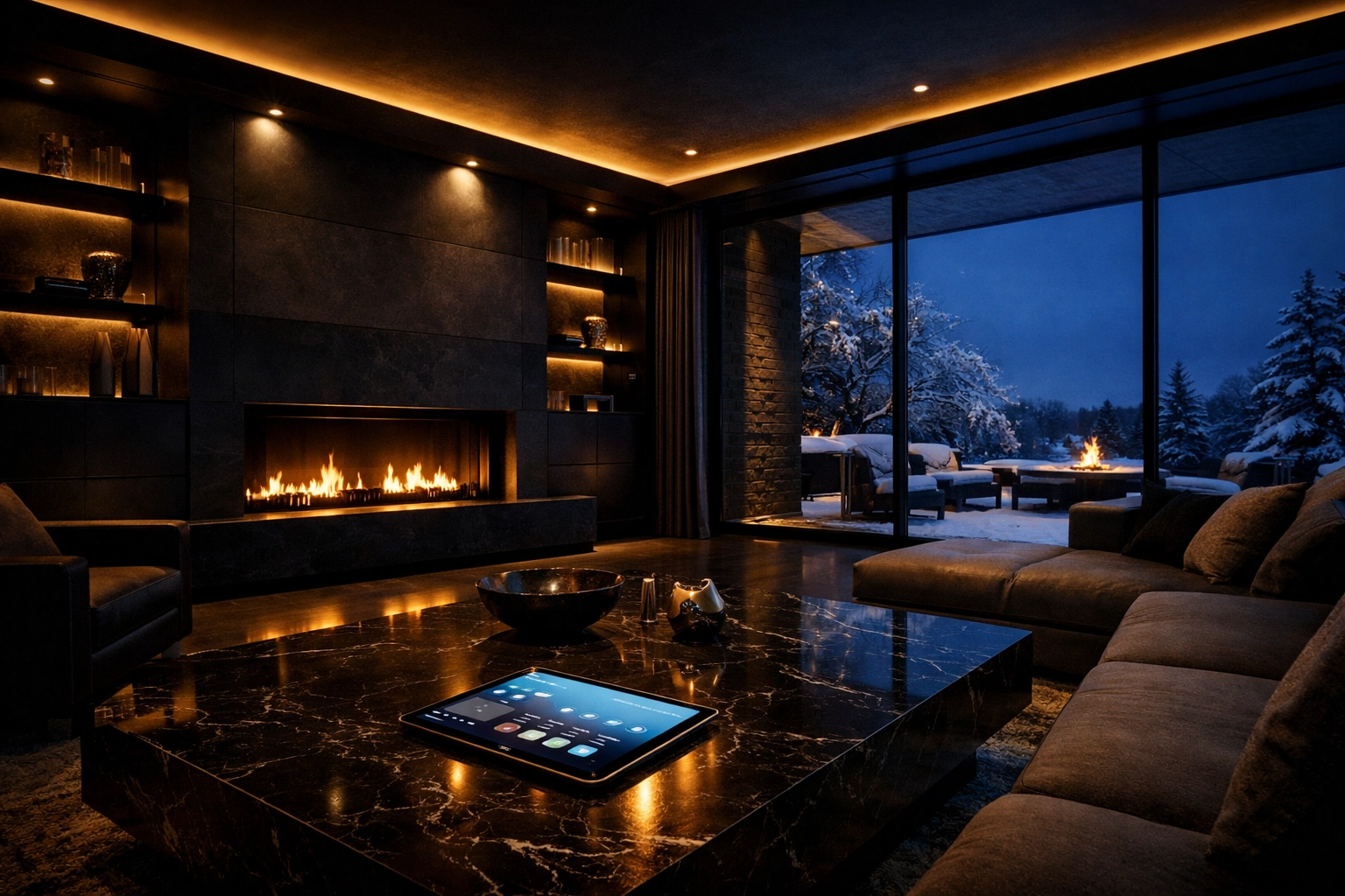 Integrated smart home automation in a luxury Twin Cities living room featuring automated lighting and climate control.