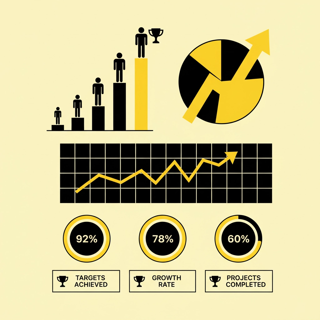 Infographic with bar chart, pie chart, and line graph showing growth. Stats: 92% targets, 78% growth, 60% projects. Yellow and black theme.
