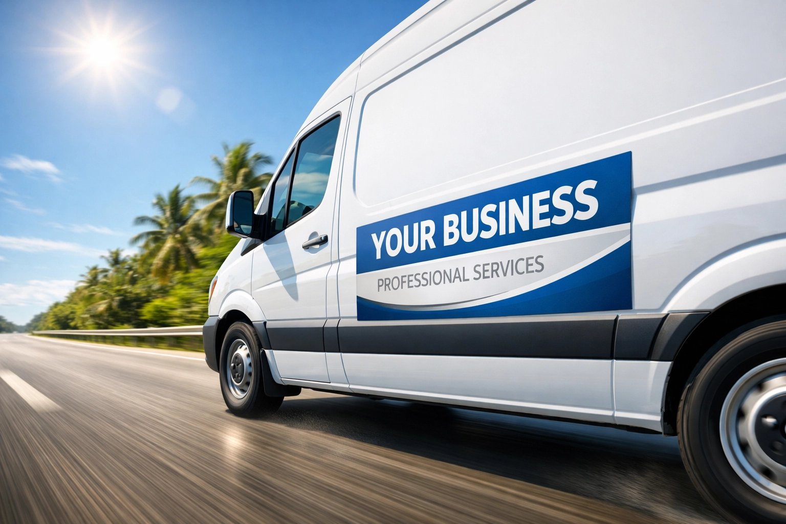 A white service van driving on a Hawaii highway displaying a durable magnetic business sign.