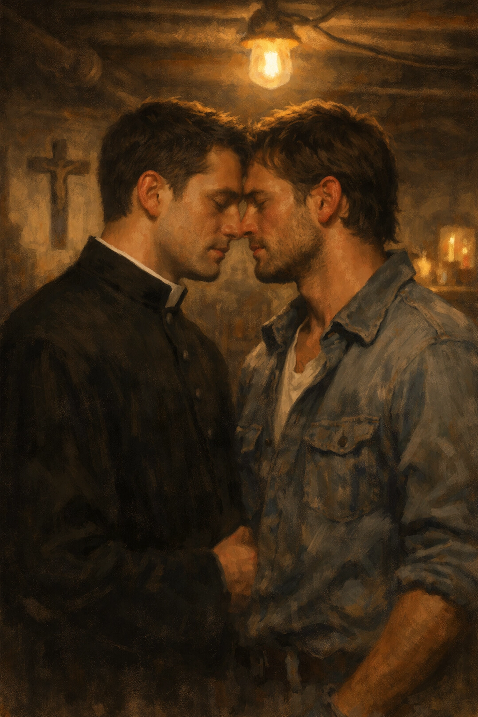 Gay priest and man in intimate moment depicting slow burn MM romance tension