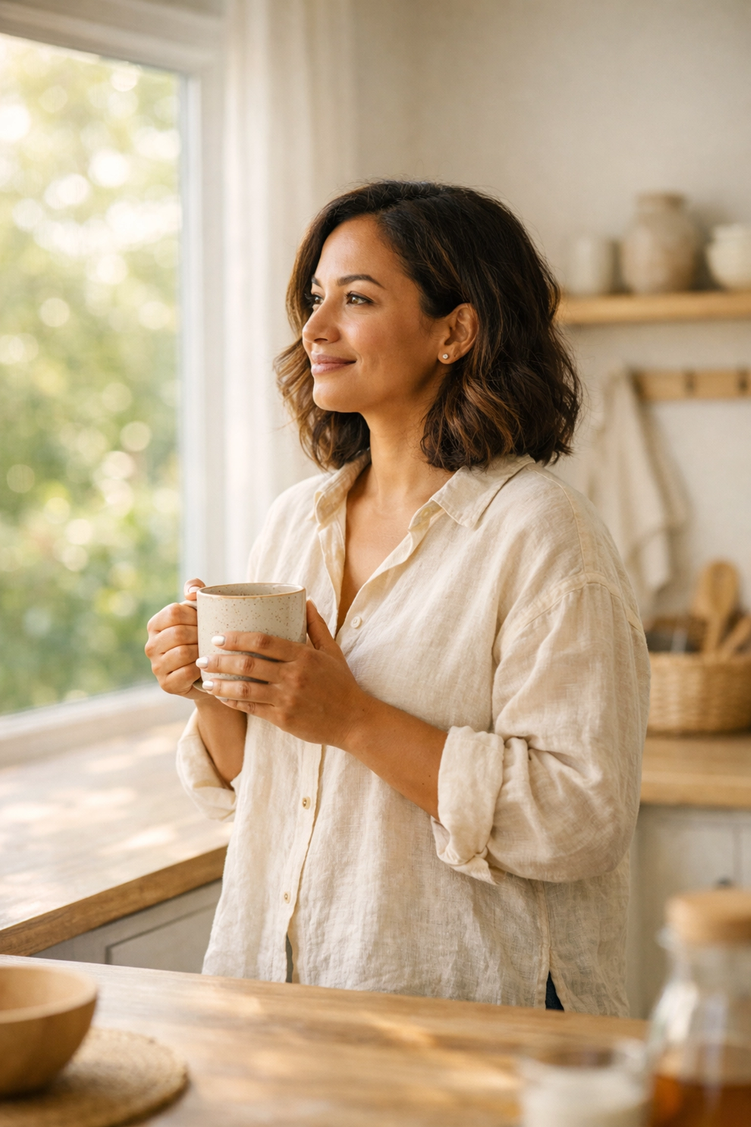Peaceful mom in a bright kitchen holding a mug, focusing on building income without burnout in her online business.