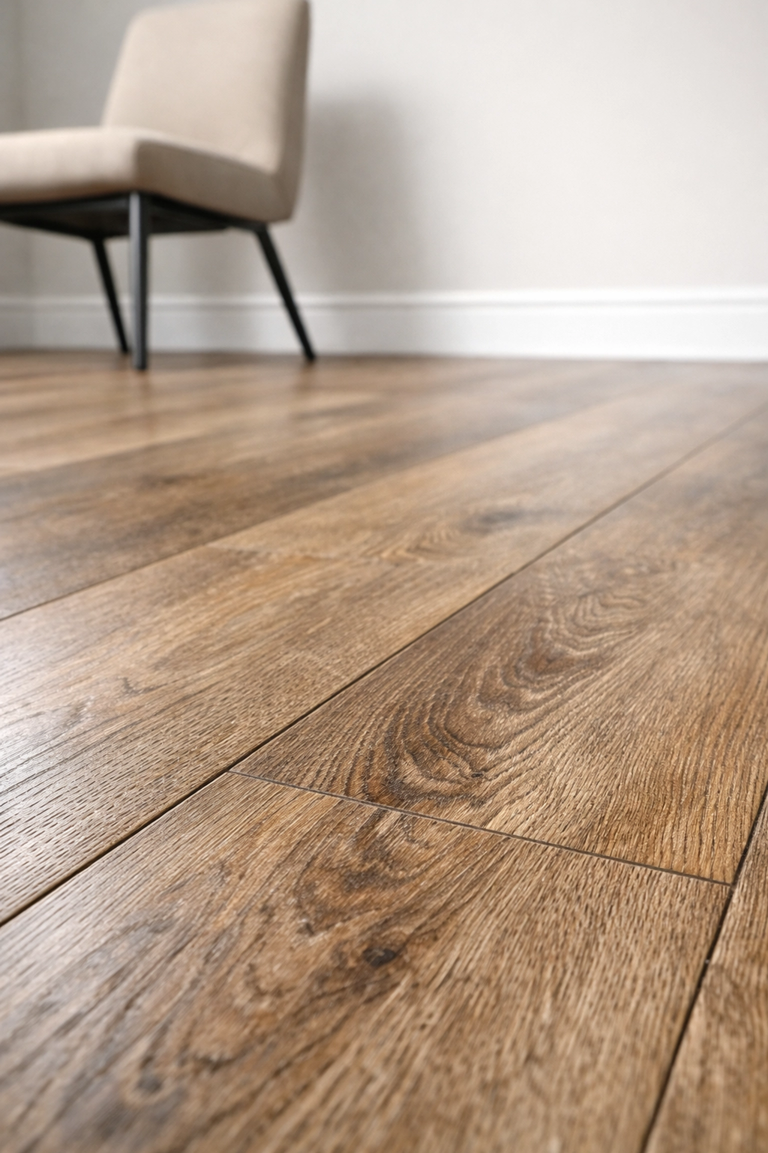 Close-up of durable luxury vinyl plank flooring with realistic wood grain for low-maintenance rental properties.
