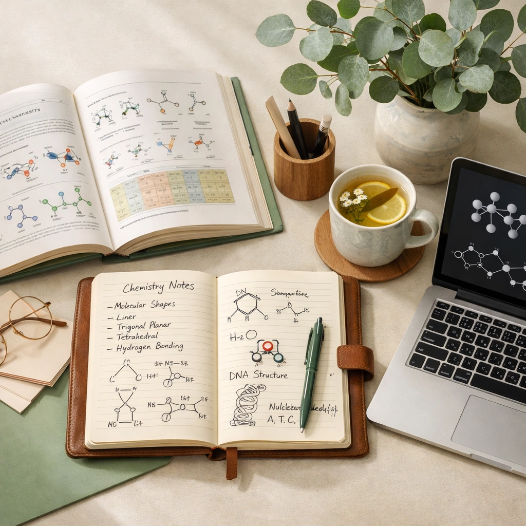 Student studying A-Level Chemistry with textbook and notes for university applications