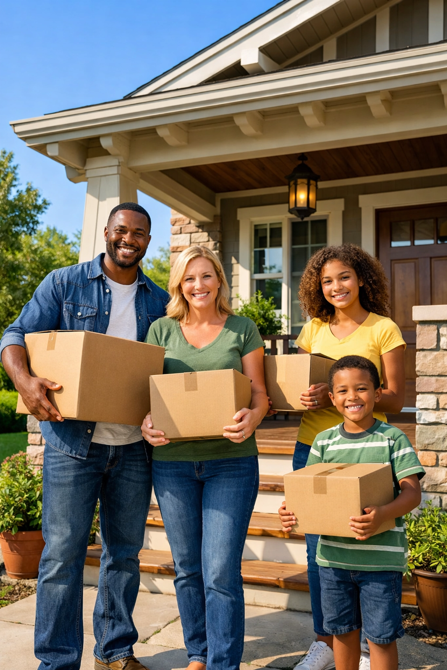 Happy family with moving boxes on front porch of new Chattanooga home after closing