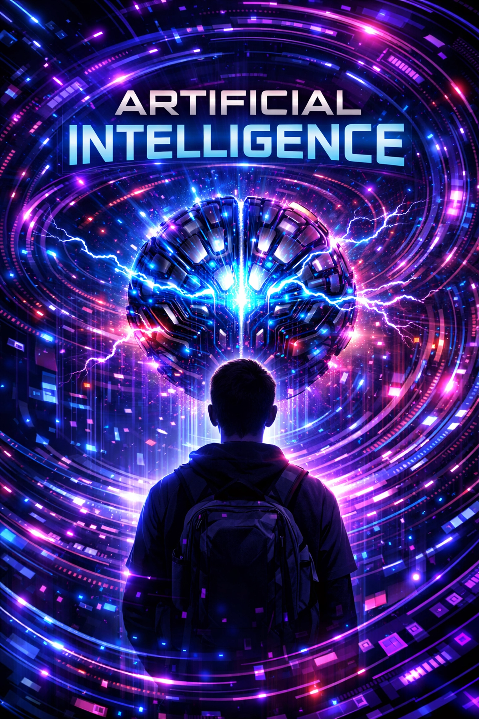 A digital representation of AI-powered personalized learning with a student silhouette amidst glowing data nodes.