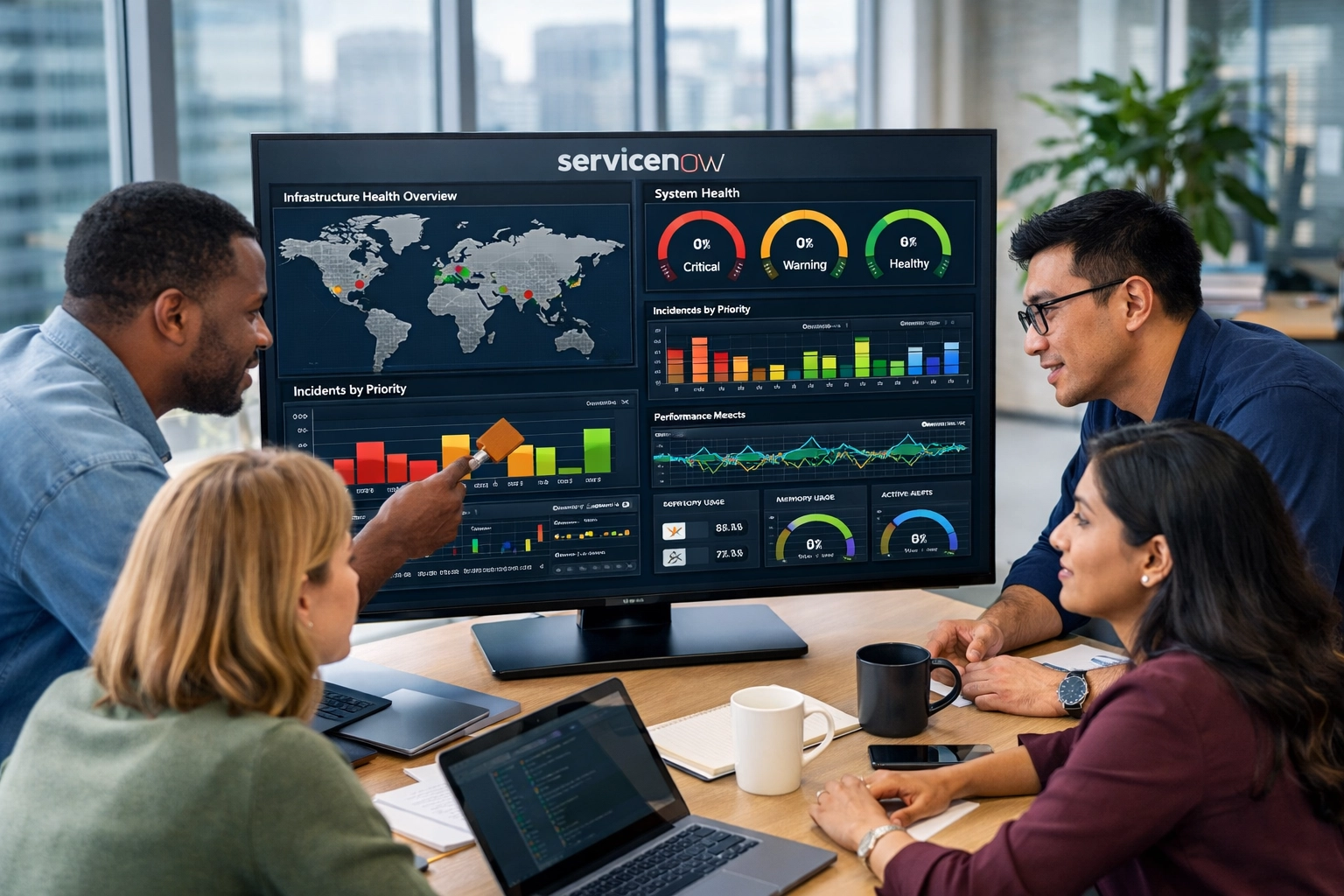 IT professionals collaborating on ServiceNow ITOM implementation dashboard with real-time consulting metrics