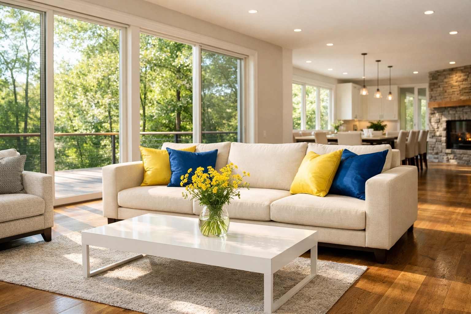 Eco-friendly house cleaning in a sunny Hopkinton living room with spotless hardwood floors and luxury furniture.